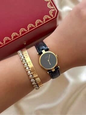 AUTHENTIC VINTAGE CARTIER BLACK LEATHER WATCH - WITH BOX